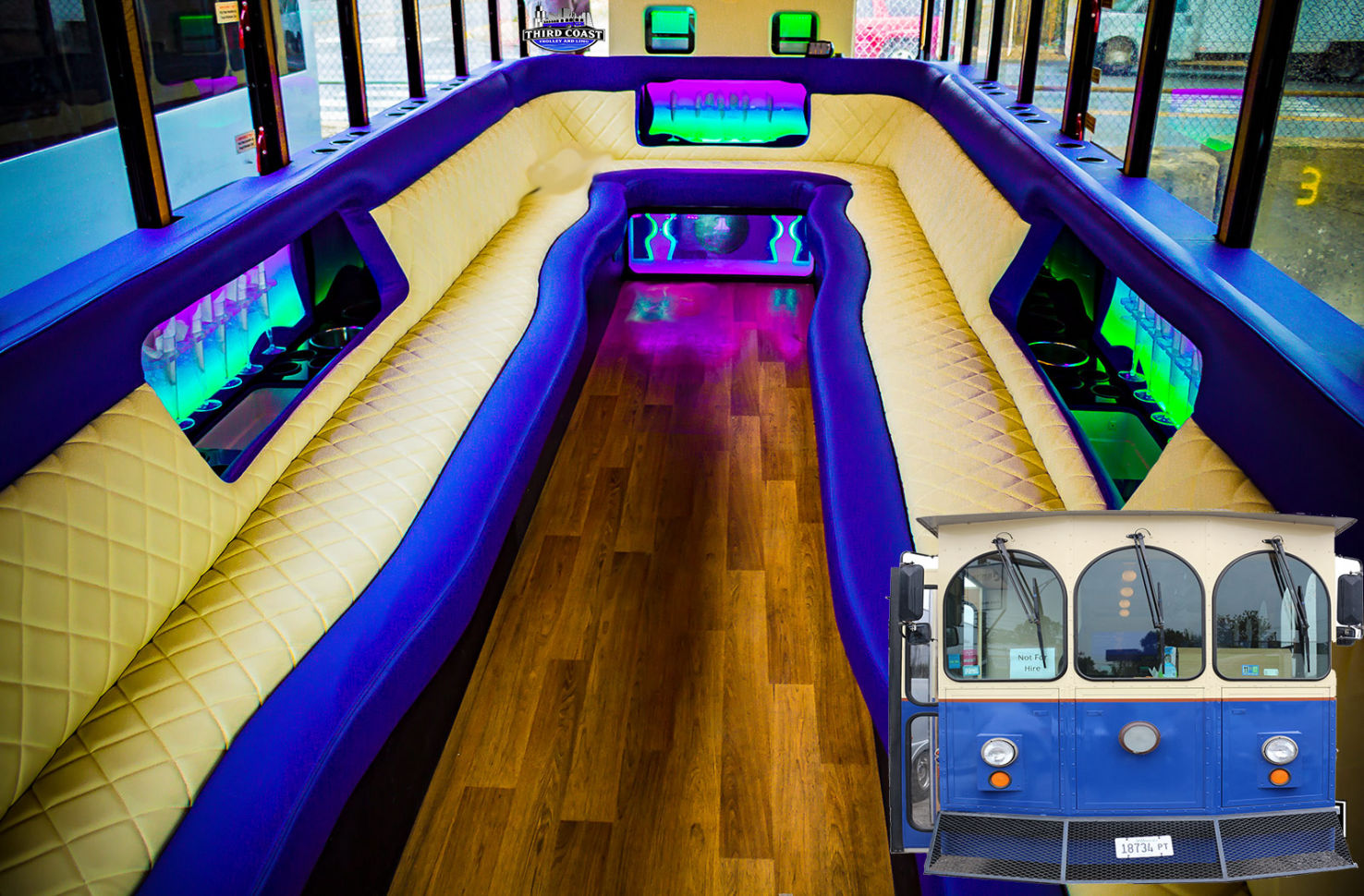 Front of a Chicago wedding trolley party bus