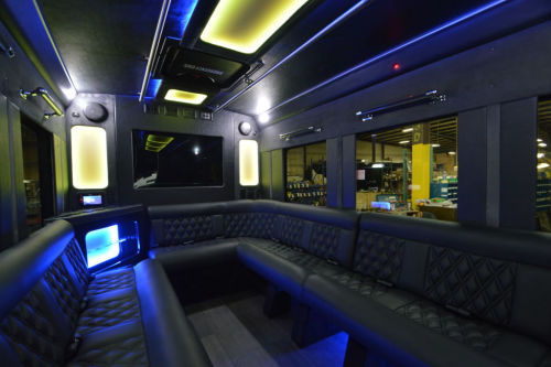 Interior of a 15-passenger party bus for rent in Chicago