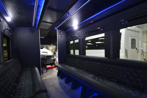 Leather seats inside the 15-passenger quinceanera party bus